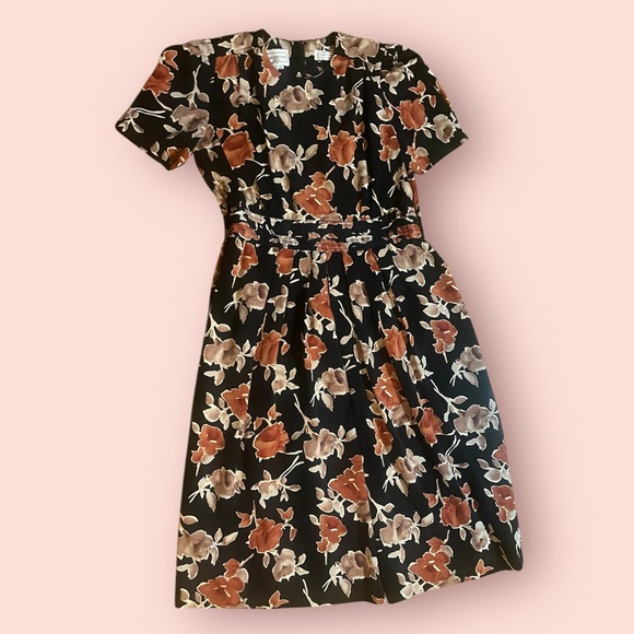 karin stevens Dresses & Skirts - Vintage Early 90’s Floral Black Dress With Shoulder Pads